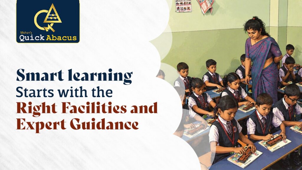 Children learning abacus in a classroom with teacher guidance, showcasing brain development classes for kids.