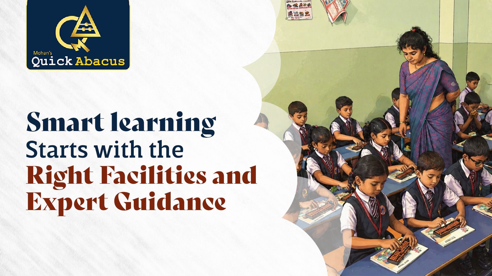 Children learning abacus in a classroom with teacher guidance, showcasing brain development classes for kids.