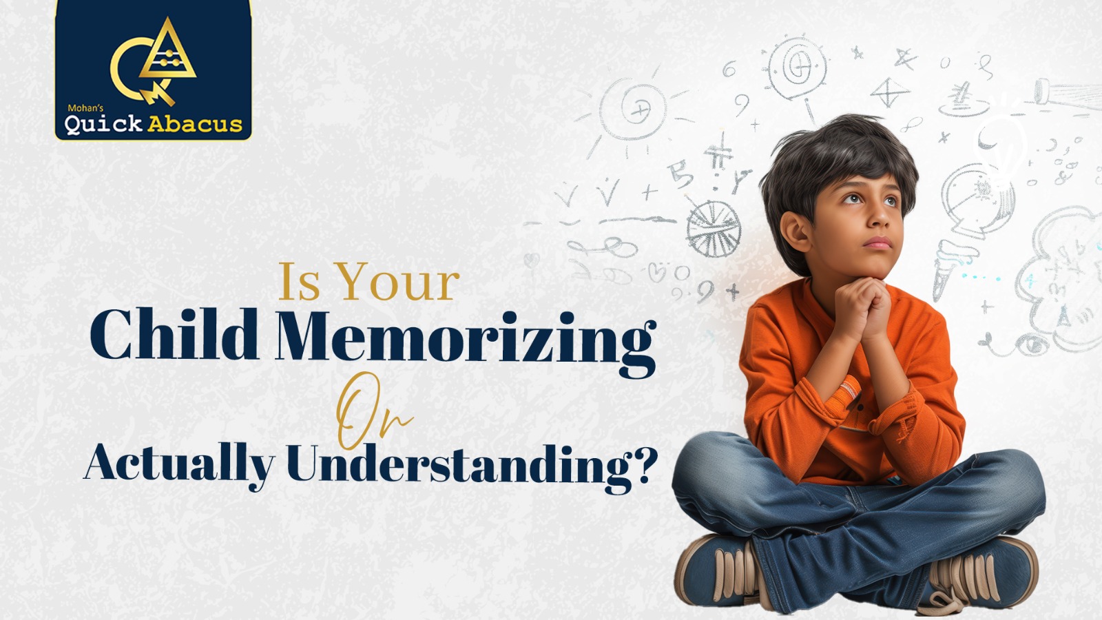Child thinking with mathematical symbols around them representing abacus classes, mental math training, and cognitive development.